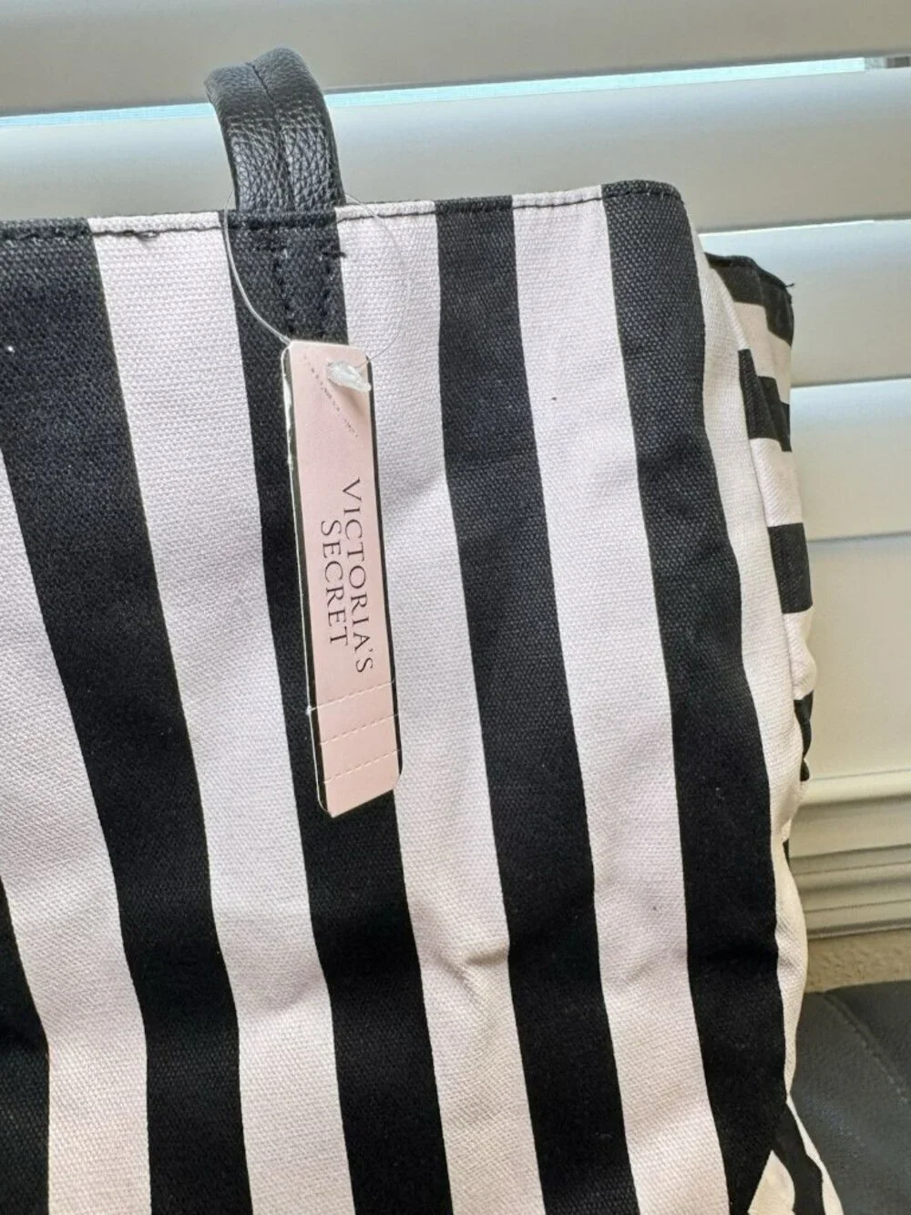 VS Victoria's Secret Large Canvas Tote Beach Bag Pale Pink & Black Striped
